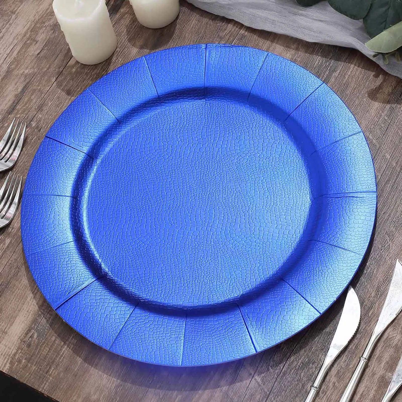 10 Pack 13" Royal Blue Leather Textured Disposable Charger Plates, Round Cardboard Serving Trays - 1100 GSM