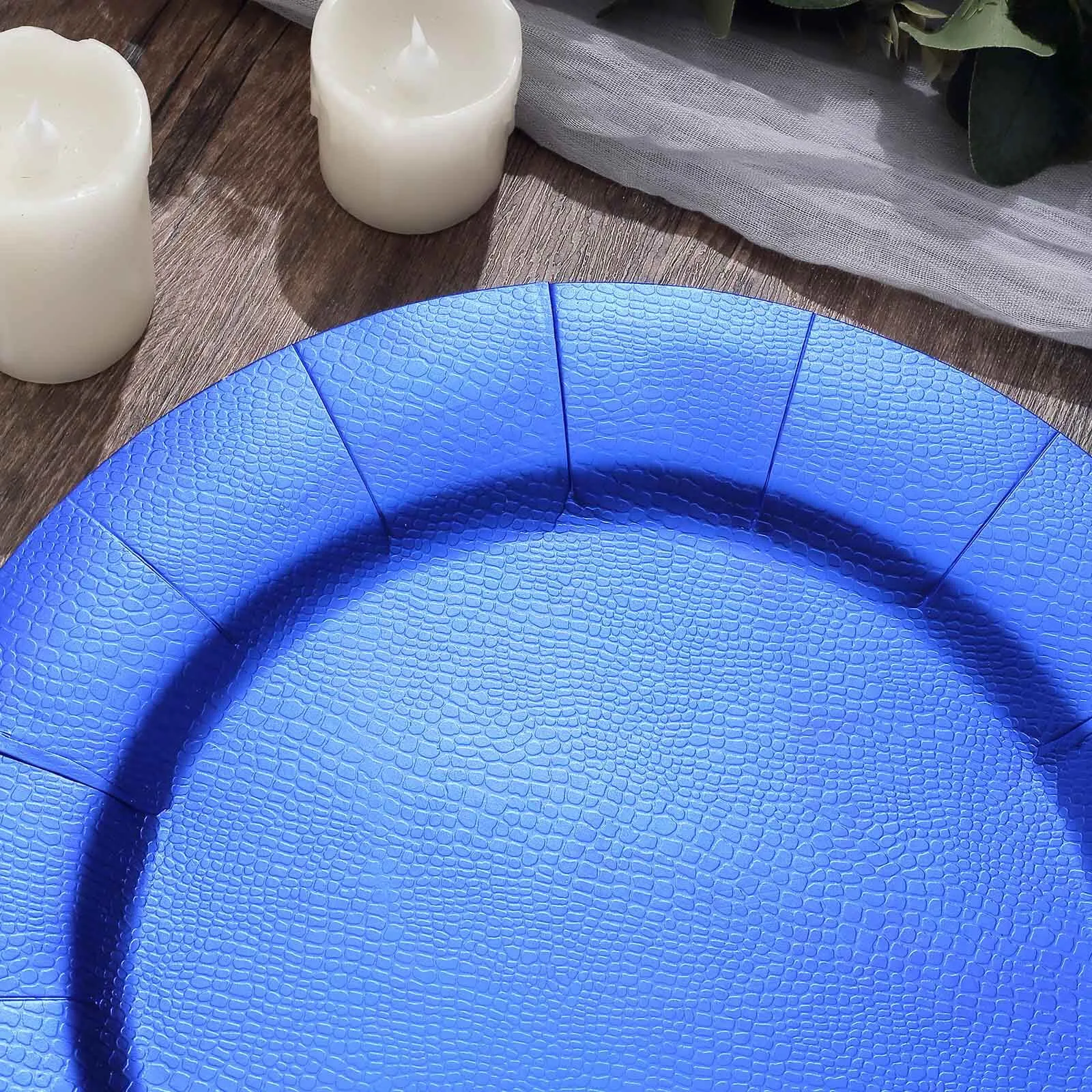 10 Pack 13" Royal Blue Leather Textured Disposable Charger Plates, Round Cardboard Serving Trays - 1100 GSM