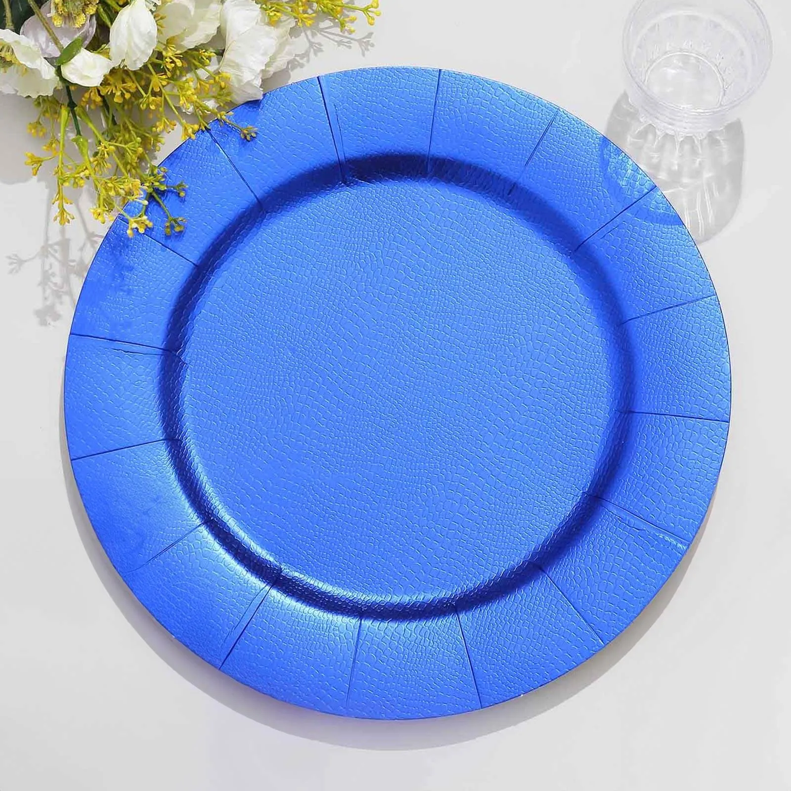 10 Pack 13" Royal Blue Leather Textured Disposable Charger Plates, Round Cardboard Serving Trays - 1100 GSM