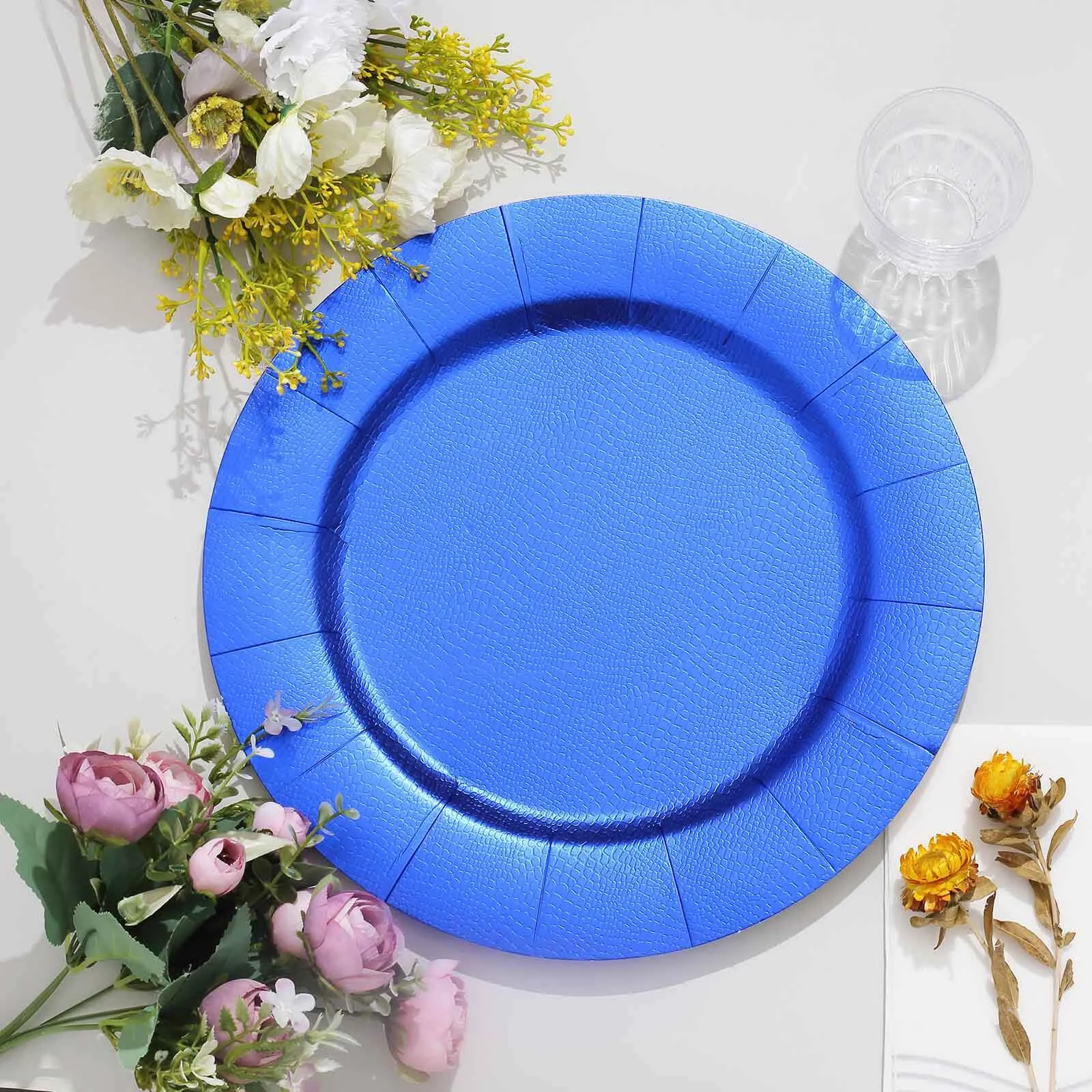 10 Pack 13" Royal Blue Leather Textured Disposable Charger Plates, Round Cardboard Serving Trays - 1100 GSM
