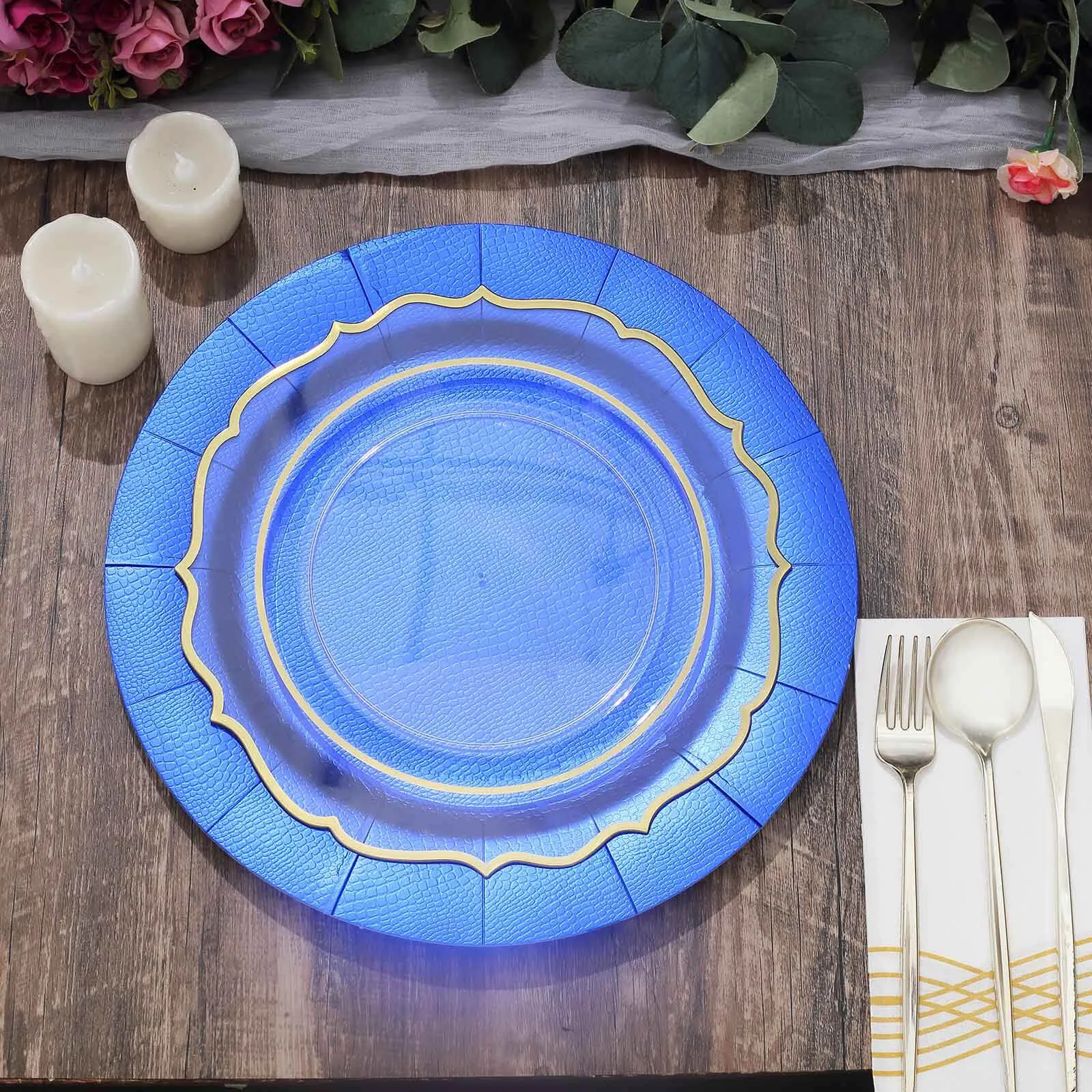 10 Pack 13" Royal Blue Leather Textured Disposable Charger Plates, Round Cardboard Serving Trays - 1100 GSM