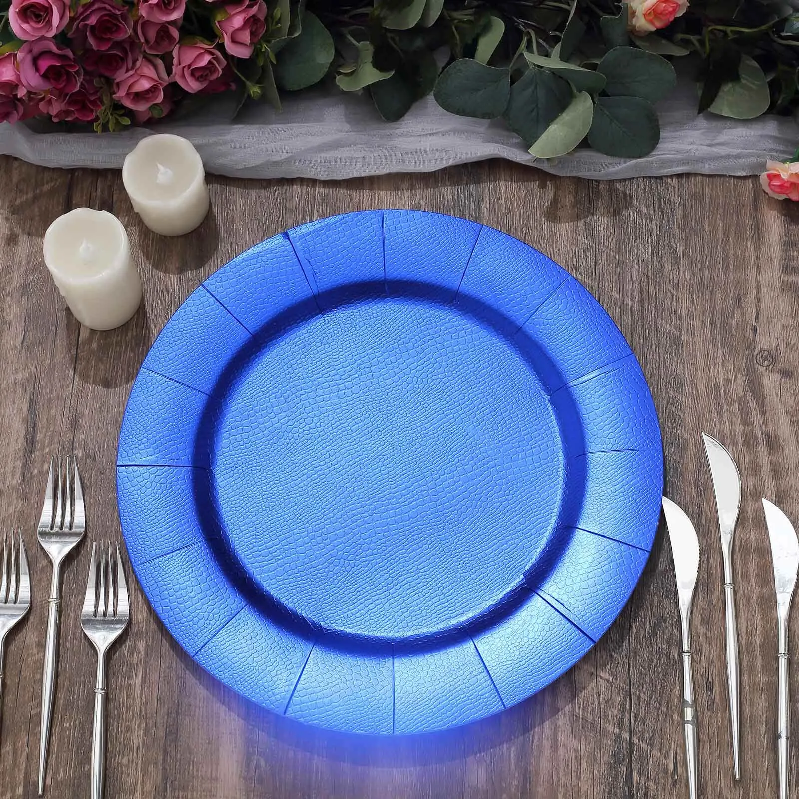 10 Pack 13" Royal Blue Leather Textured Disposable Charger Plates, Round Cardboard Serving Trays - 1100 GSM