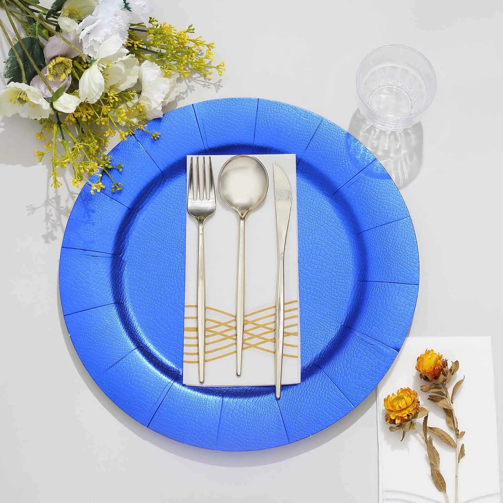 10 Pack 13" Royal Blue Leather Textured Disposable Charger Plates, Round Cardboard Serving Trays - 1100 GSM