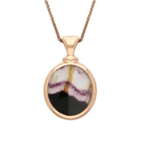 18ct Rose Gold Whitby Jet Blue John Small Double Sided Oval Fob Necklace