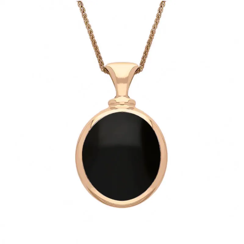 18ct Rose Gold Whitby Jet Blue John Small Double Sided Oval Fob Necklace