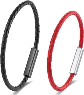 2PCS Couple Bracelet Set, Black and Red Braided Leather Thin Bangle Bracelet for Couples, Matching Leather Bracelets for Couples and Lovers