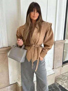Advbridge Women High Street Leather Jacket 2024 Autumn Winter Versatile Brown Long Sleeves V-neck Lace-up Coats Causal Chic Female Outwear