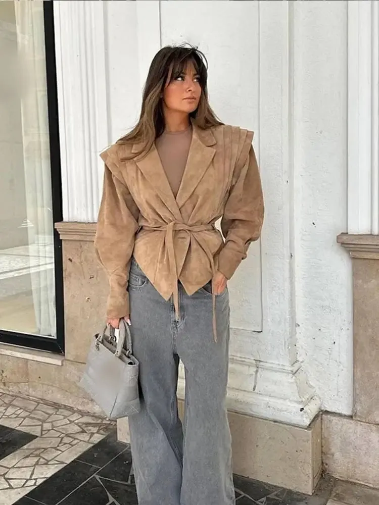 Advbridge Women High Street Leather Jacket 2024 Autumn Winter Versatile Brown Long Sleeves V-neck Lace-up Coats Causal Chic Female Outwear