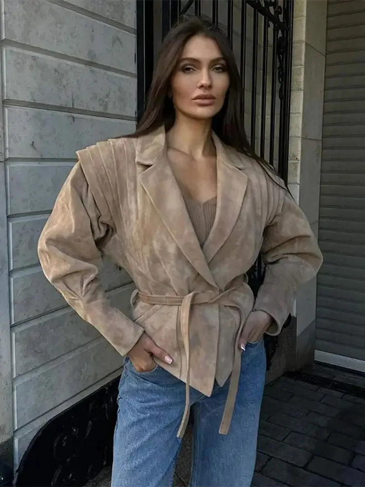 Advbridge Women High Street Leather Jacket 2024 Autumn Winter Versatile Brown Long Sleeves V-neck Lace-up Coats Causal Chic Female Outwear