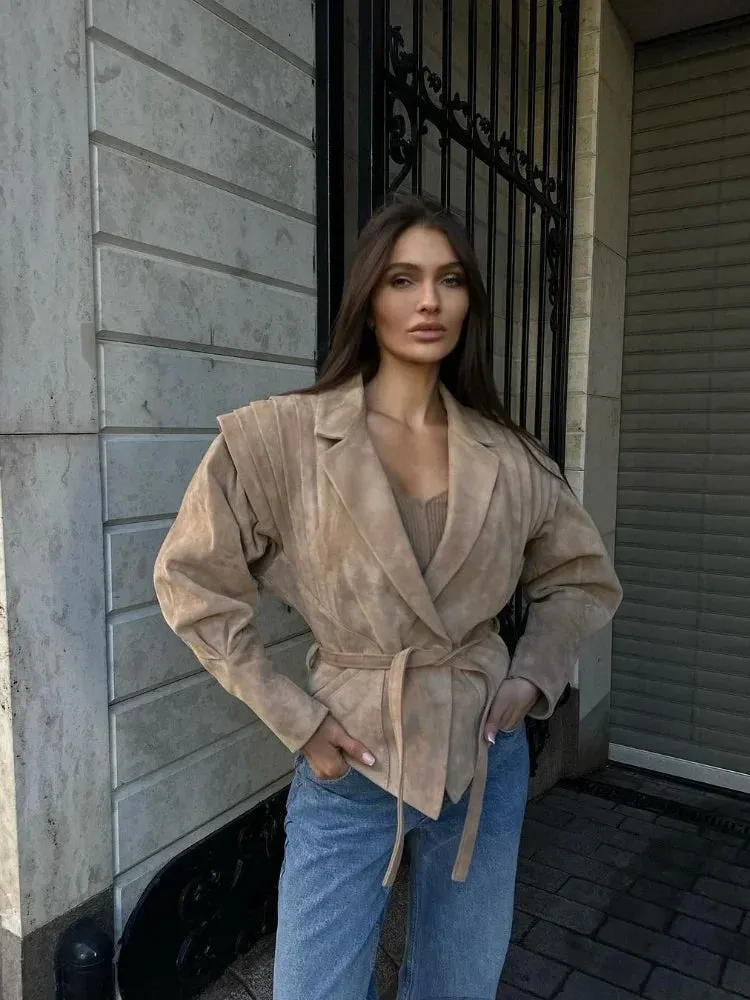 Advbridge Women High Street Leather Jacket 2024 Autumn Winter Versatile Brown Long Sleeves V-neck Lace-up Coats Causal Chic Female Outwear