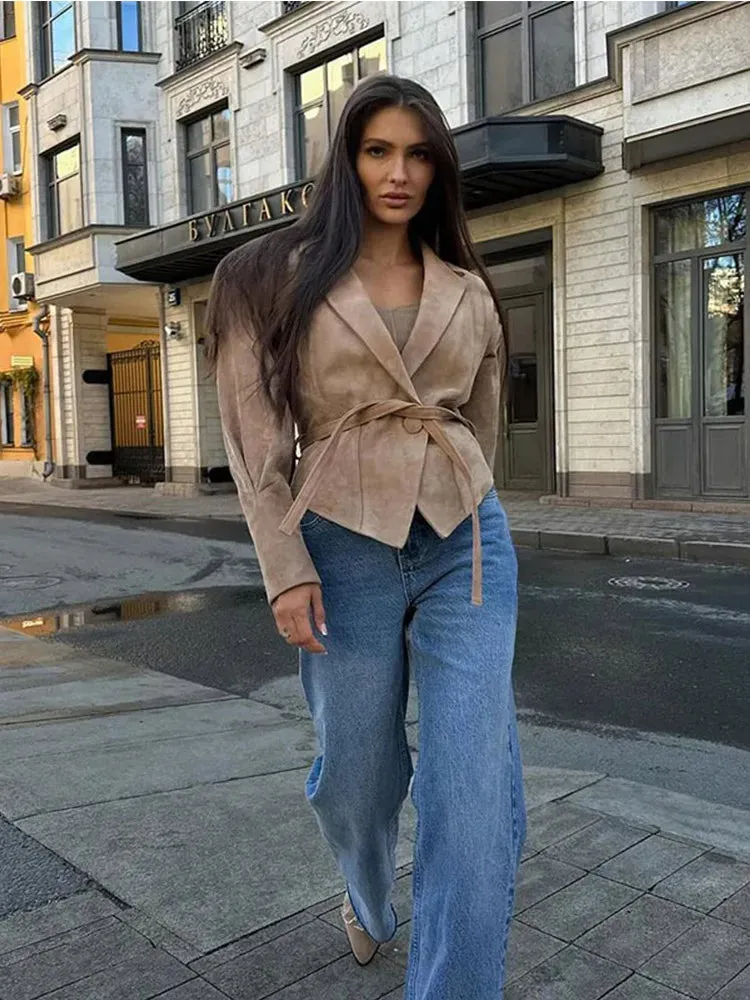 Advbridge Women High Street Leather Jacket 2024 Autumn Winter Versatile Brown Long Sleeves V-neck Lace-up Coats Causal Chic Female Outwear