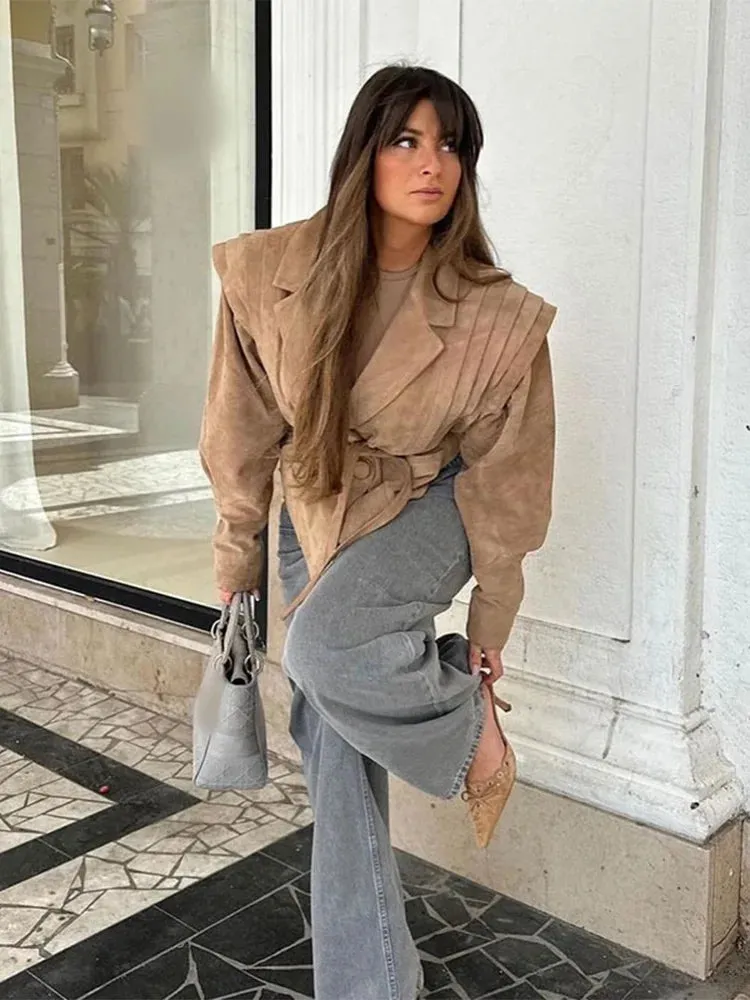 Advbridge Women High Street Leather Jacket 2024 Autumn Winter Versatile Brown Long Sleeves V-neck Lace-up Coats Causal Chic Female Outwear