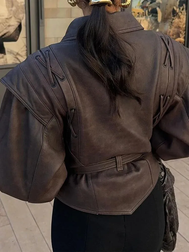 Advbridge Women's Street Leather Jacket 2024 Autumn Winter Versatile Brown Long Sleeves V-neck Lace-up Coats Causal Female Outerwear
