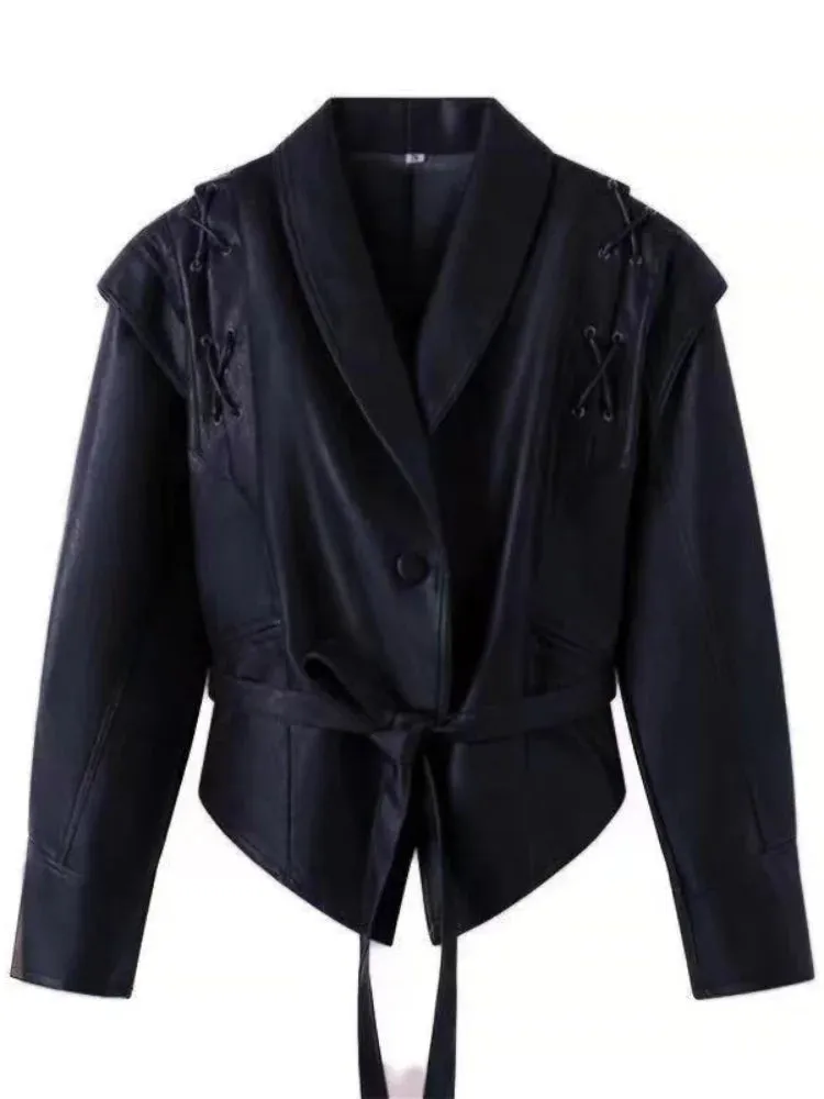Advbridge Women's Street Leather Jacket 2024 Autumn Winter Versatile Brown Long Sleeves V-neck Lace-up Coats Causal Female Outerwear