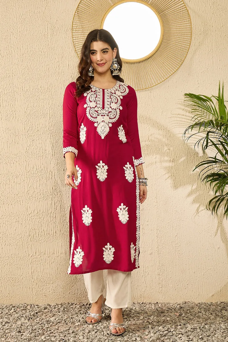 Ahika Women Red Viscose Rayon Solid Embroidered Straight Kurta-VCK9782