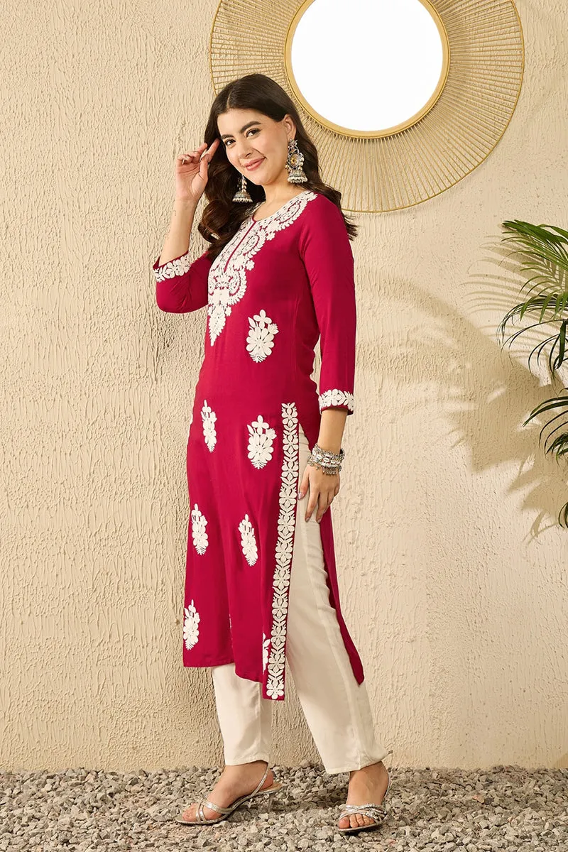 Ahika Women Red Viscose Rayon Solid Embroidered Straight Kurta-VCK9782