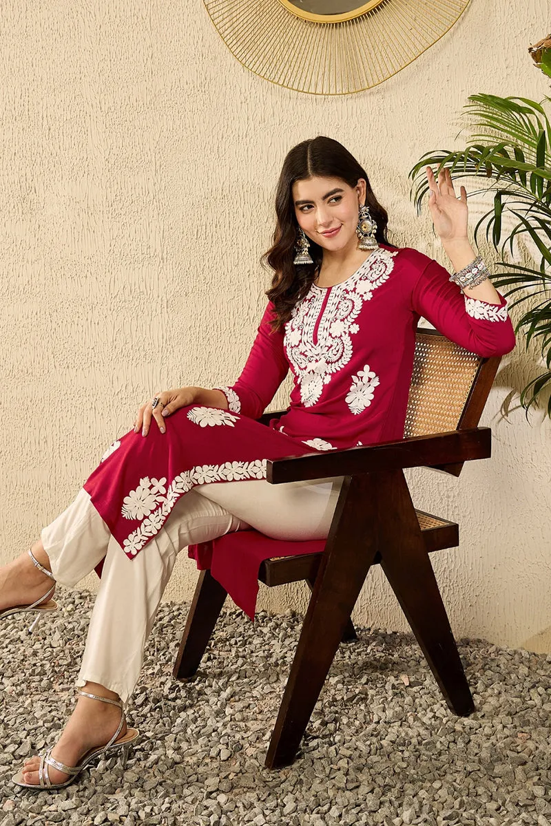 Ahika Women Red Viscose Rayon Solid Embroidered Straight Kurta-VCK9782