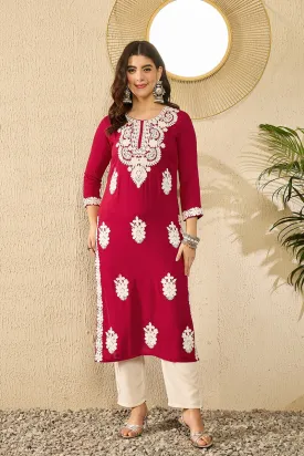 Ahika Women Red Viscose Rayon Solid Embroidered Straight Kurta-VCK9782
