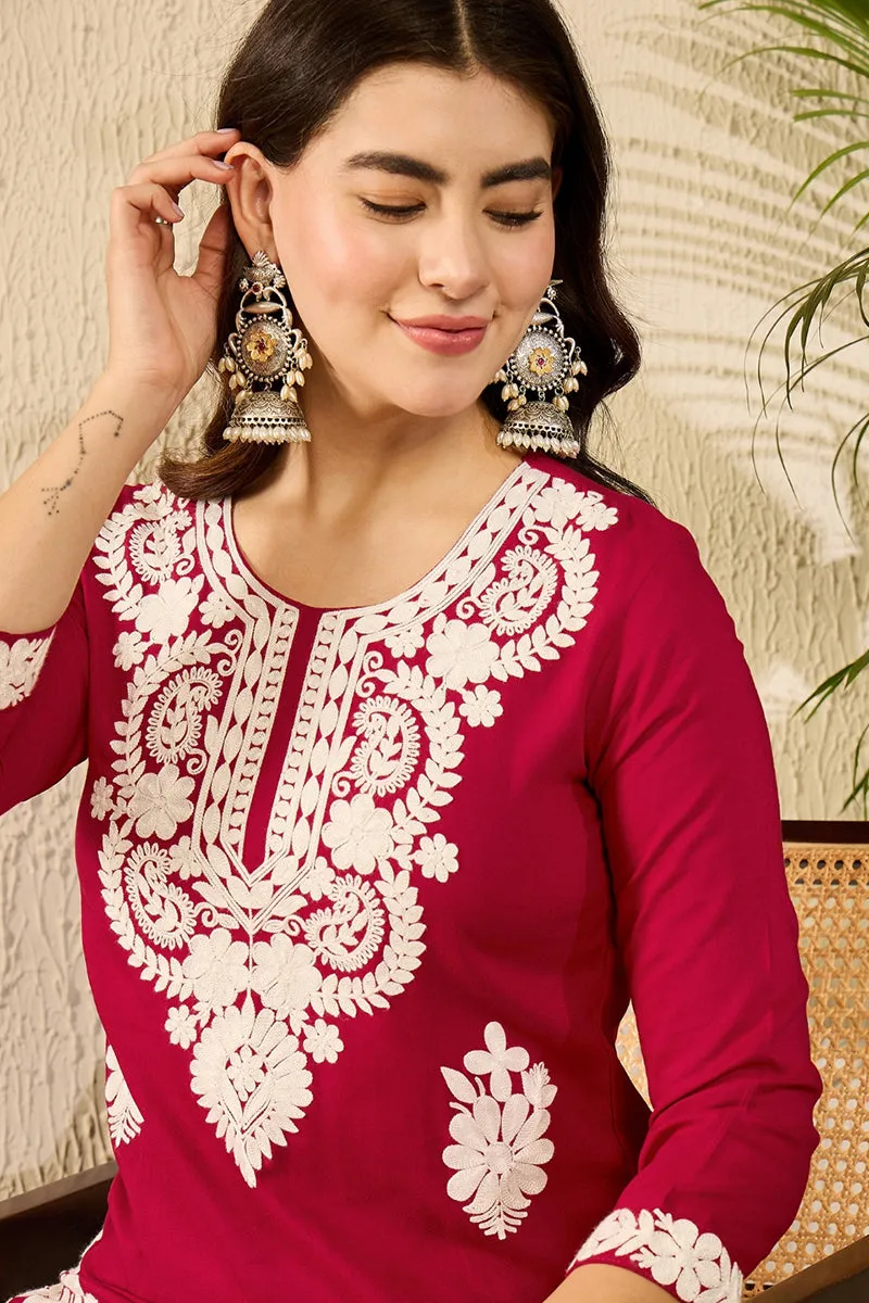 Ahika Women Red Viscose Rayon Solid Embroidered Straight Kurta-VCK9782