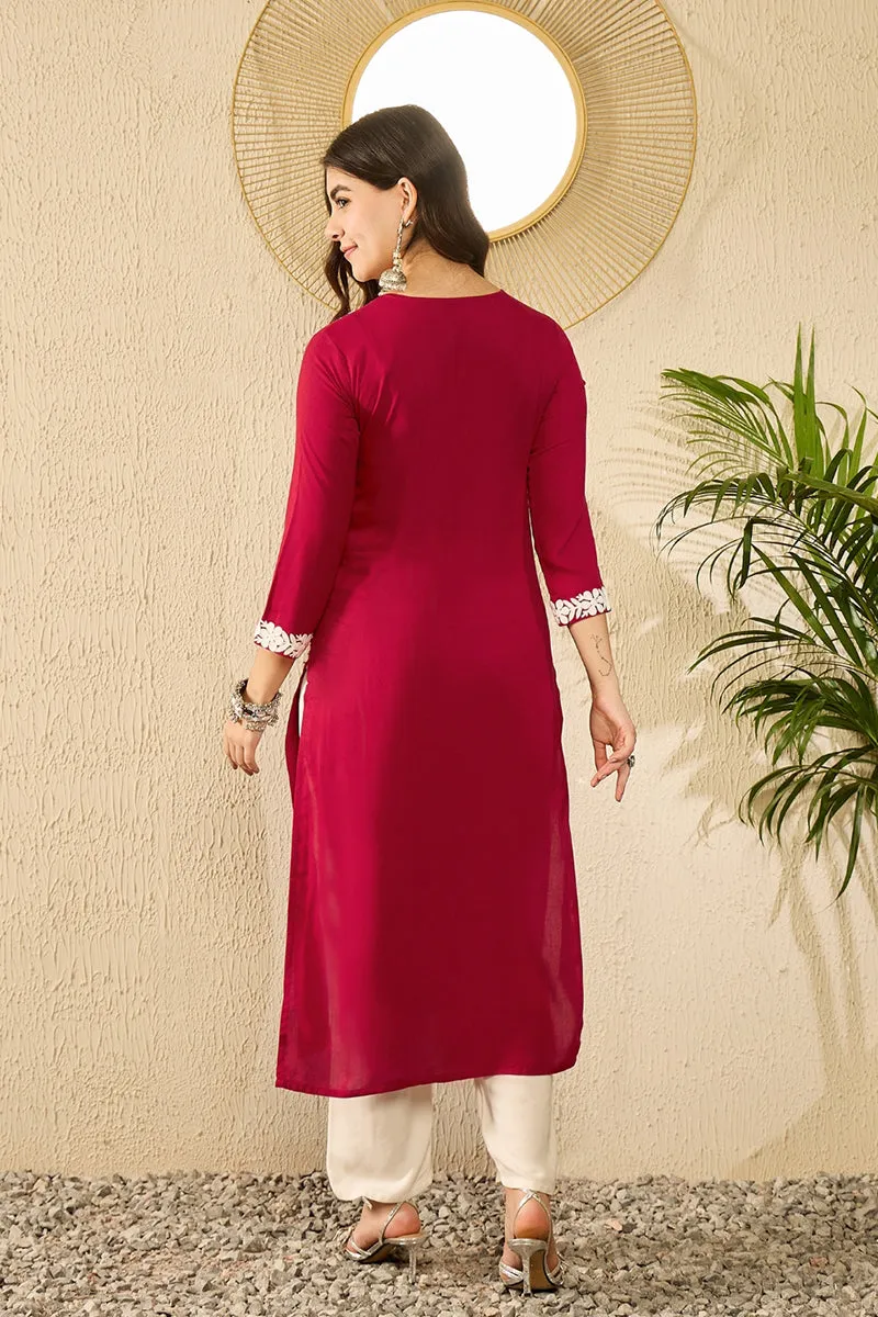 Ahika Women Red Viscose Rayon Solid Embroidered Straight Kurta-VCK9782
