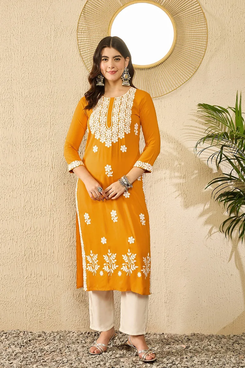 Ahika Women Yellow Viscose Rayon Solid Embroidered Straight Kurta-VCK9785