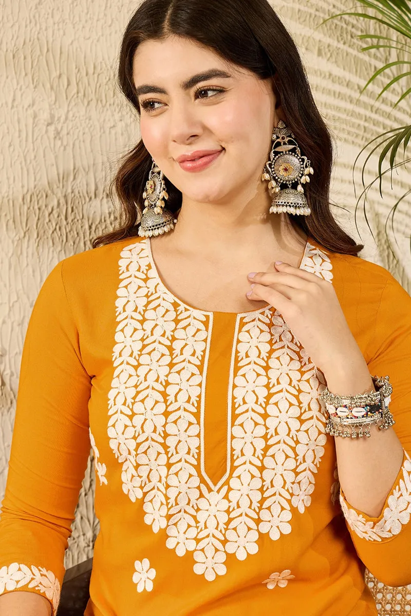 Ahika Women Yellow Viscose Rayon Solid Embroidered Straight Kurta-VCK9785