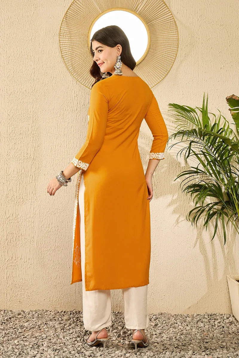 Ahika Women Yellow Viscose Rayon Solid Embroidered Straight Kurta-VCK9785
