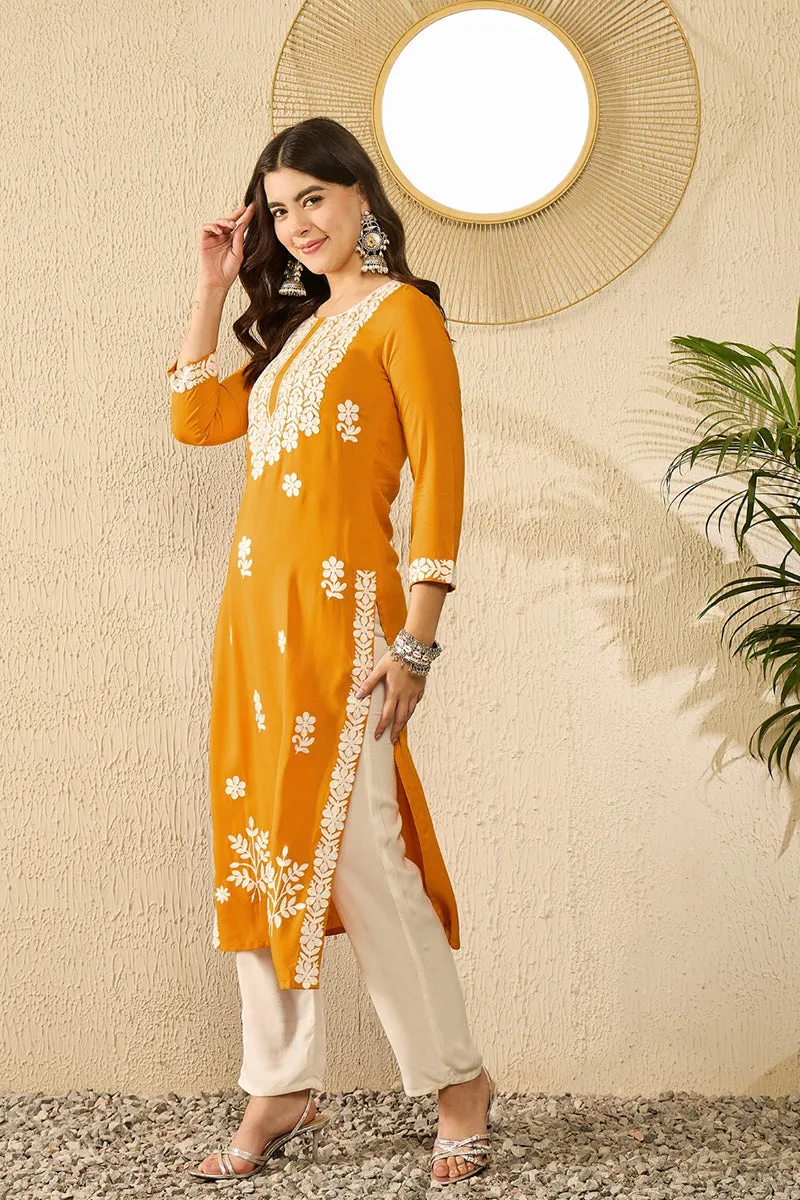 Ahika Women Yellow Viscose Rayon Solid Embroidered Straight Kurta-VCK9785