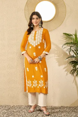 Ahika Women Yellow Viscose Rayon Solid Embroidered Straight Kurta-VCK9785