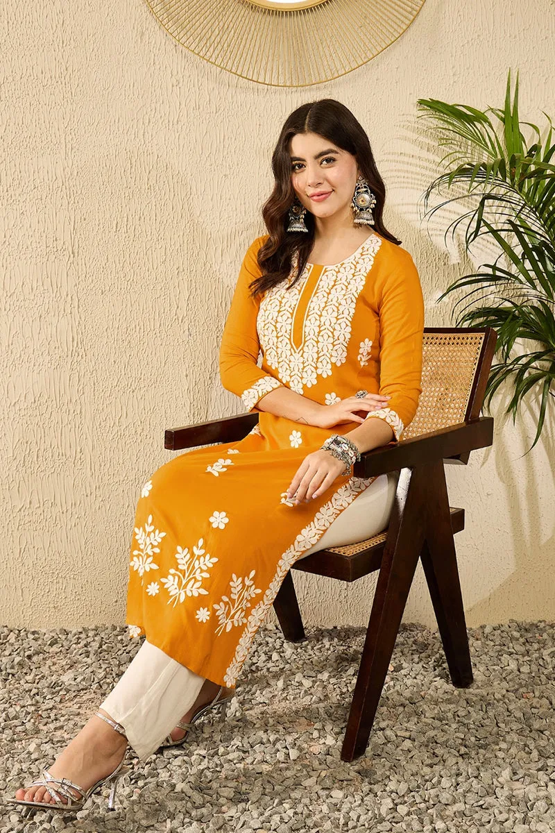 Ahika Women Yellow Viscose Rayon Solid Embroidered Straight Kurta-VCK9785