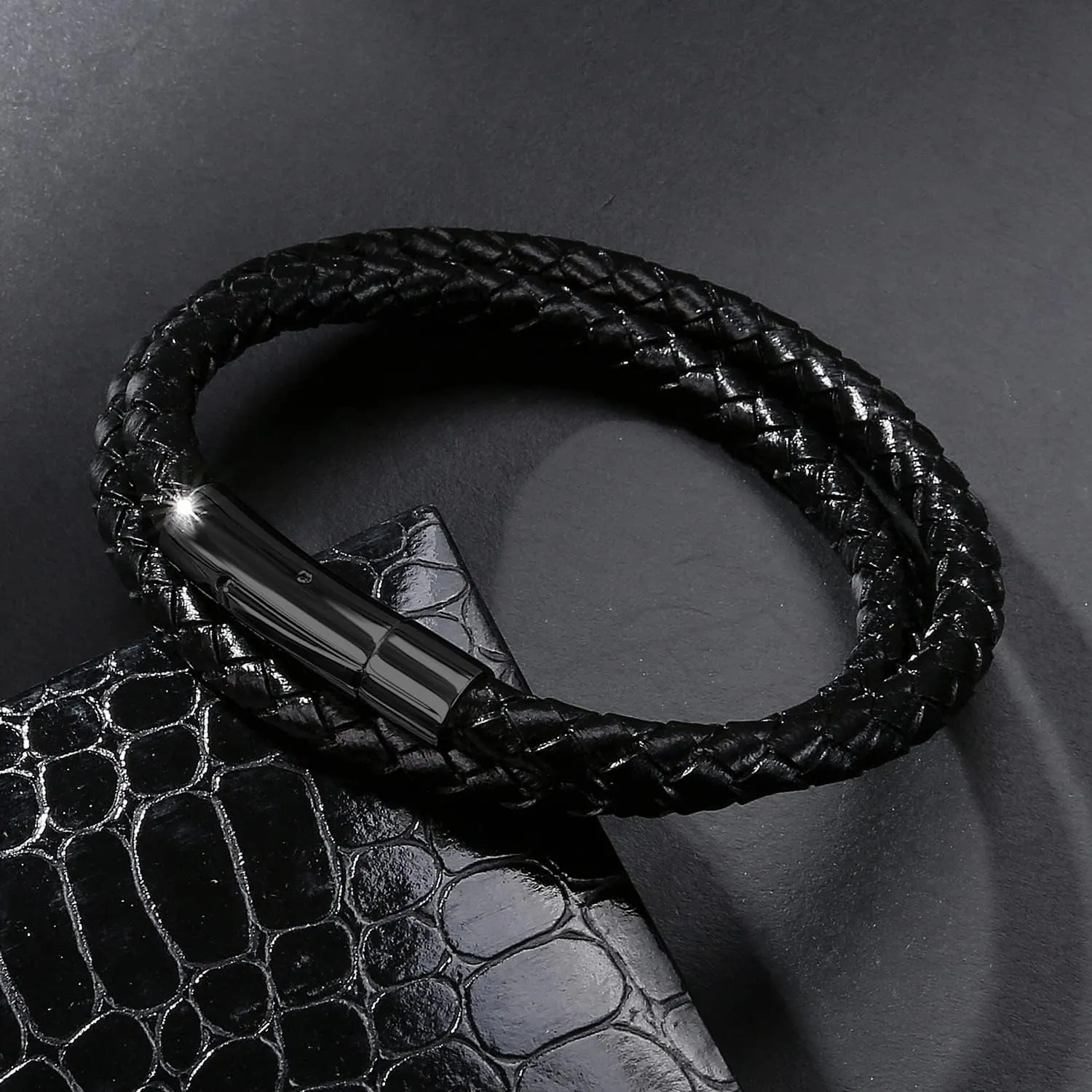 AIZU Black Blue Braided Leather Bracelet - Mens Genuine Leather Bracelets Woven with Leather Cord Rope & Steel Wire - Durable Stainless Steel Spring Clasp