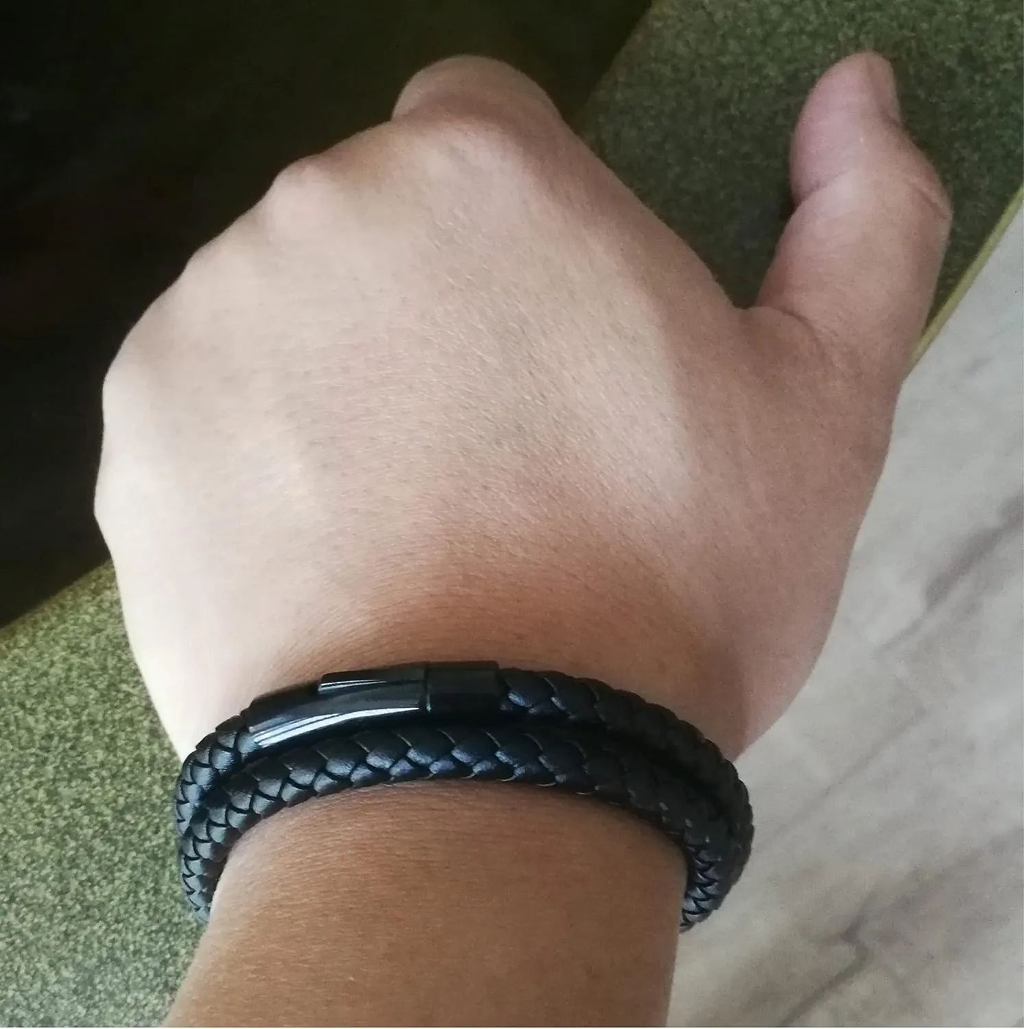 AIZU Black Blue Braided Leather Bracelet - Mens Genuine Leather Bracelets Woven with Leather Cord Rope & Steel Wire - Durable Stainless Steel Spring Clasp