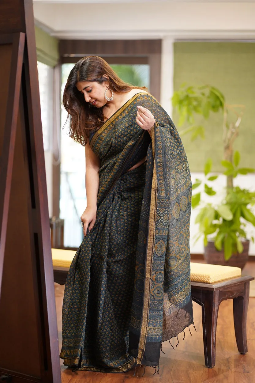 Ajrakh Hand Block Printed Linen Saree
