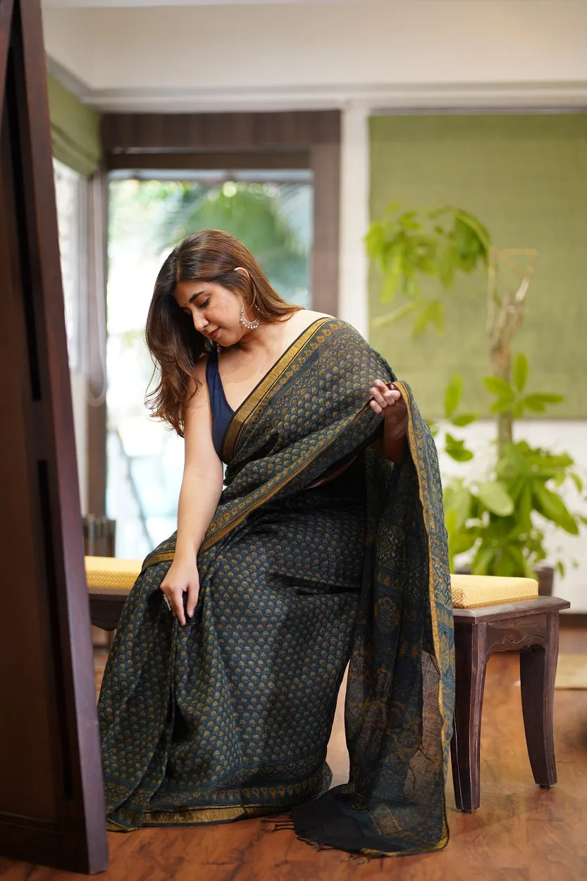 Ajrakh Hand Block Printed Linen Saree