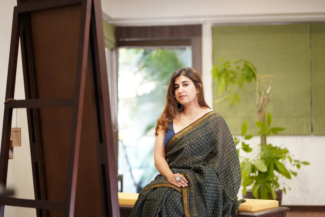 Ajrakh Hand Block Printed Linen Saree