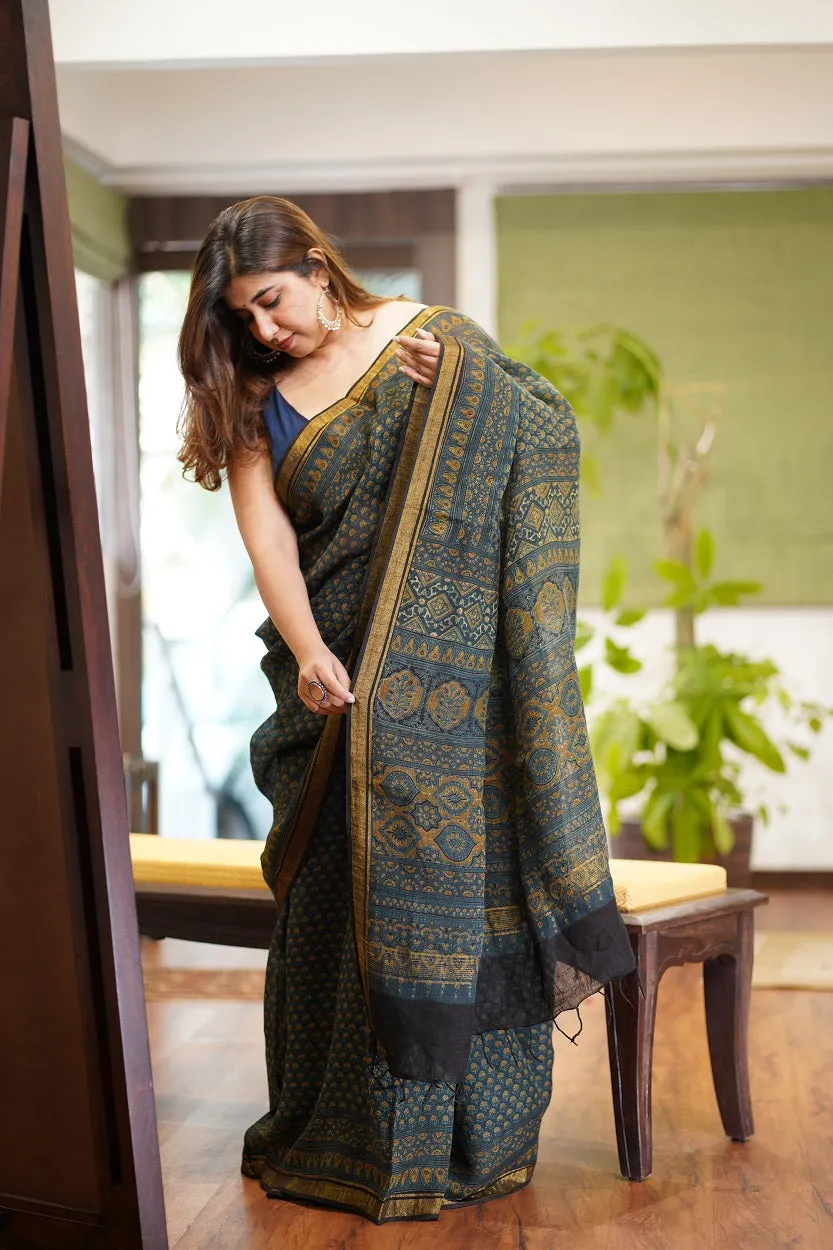 Ajrakh Hand Block Printed Linen Saree
