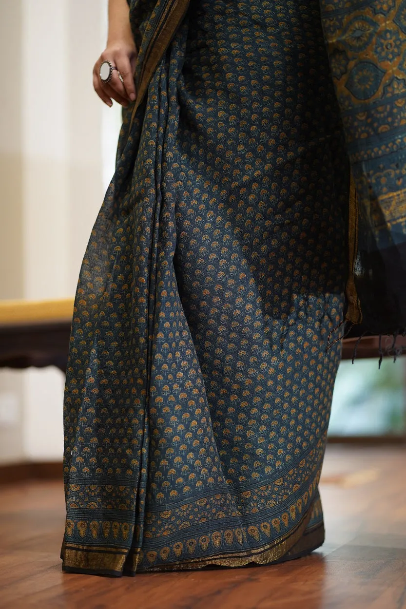 Ajrakh Hand Block Printed Linen Saree