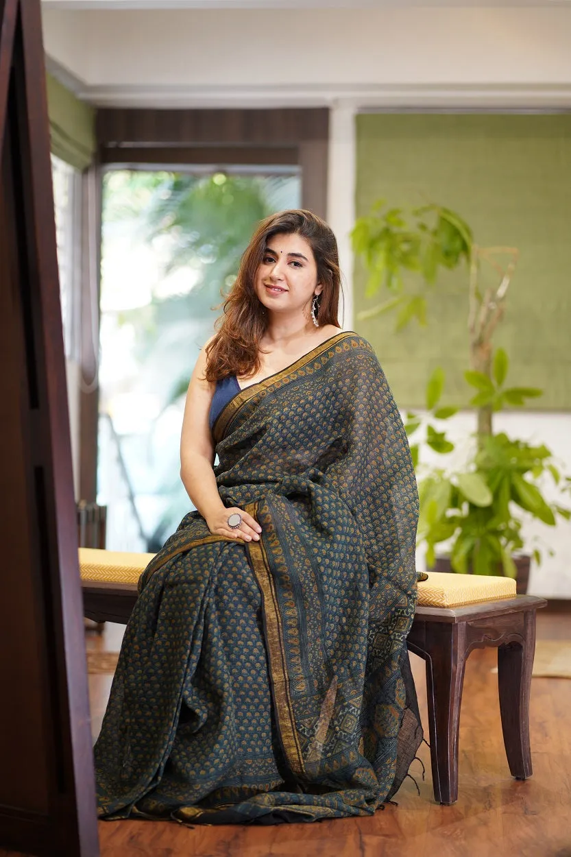 Ajrakh Hand Block Printed Linen Saree