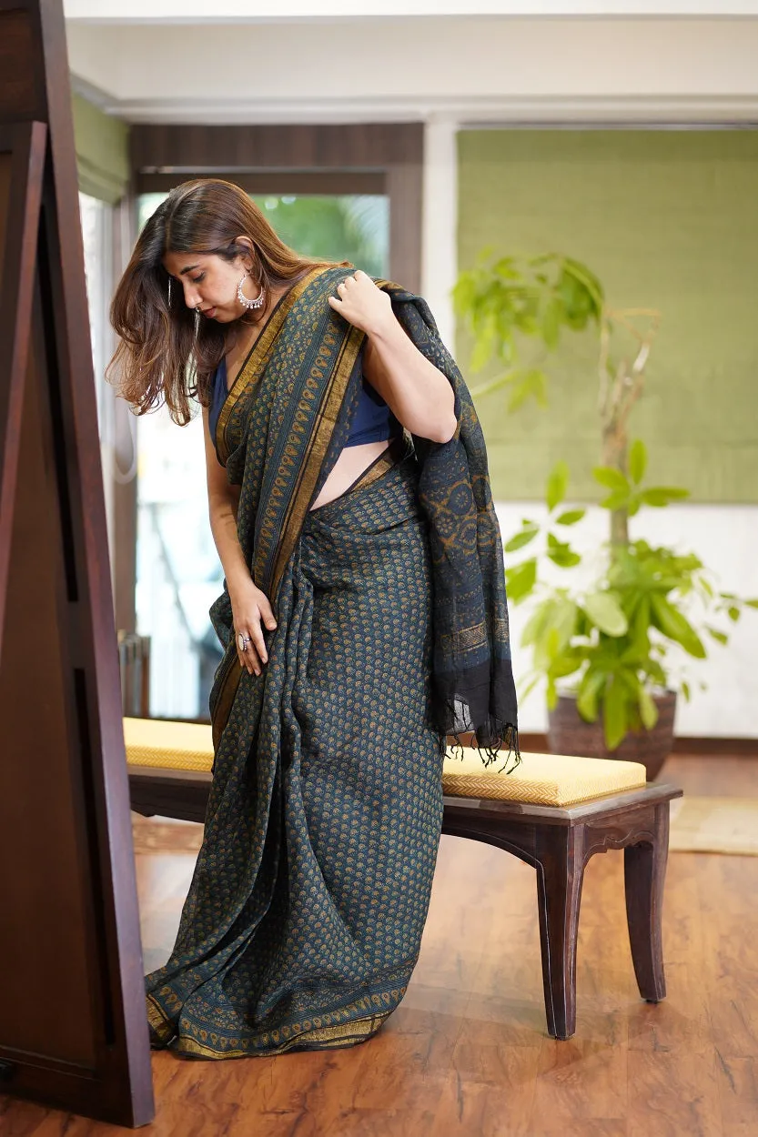 Ajrakh Hand Block Printed Linen Saree