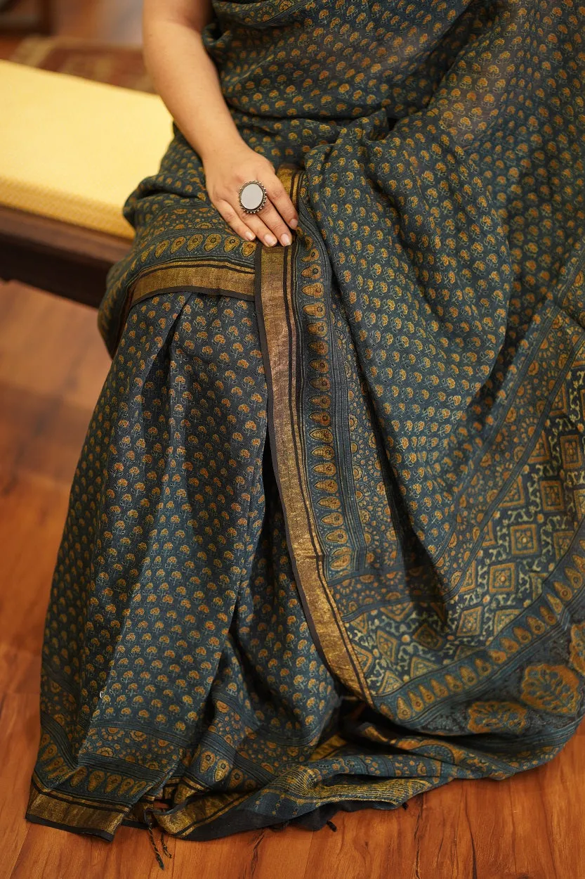 Ajrakh Hand Block Printed Linen Saree
