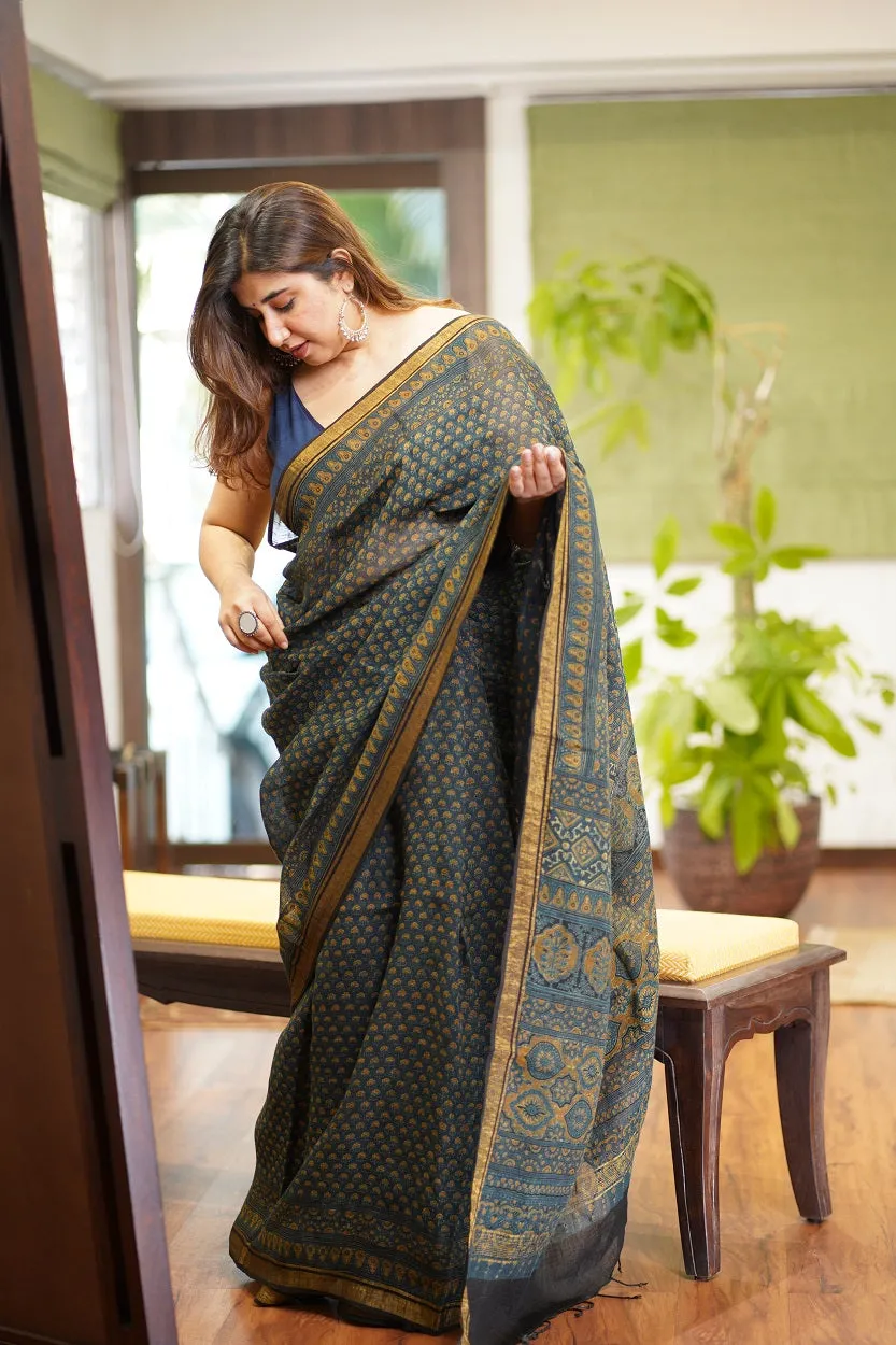 Ajrakh Hand Block Printed Linen Saree