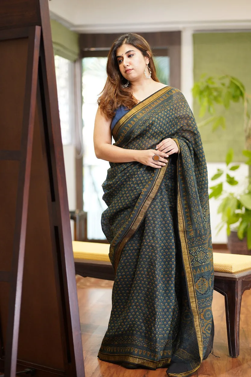 Ajrakh Hand Block Printed Linen Saree