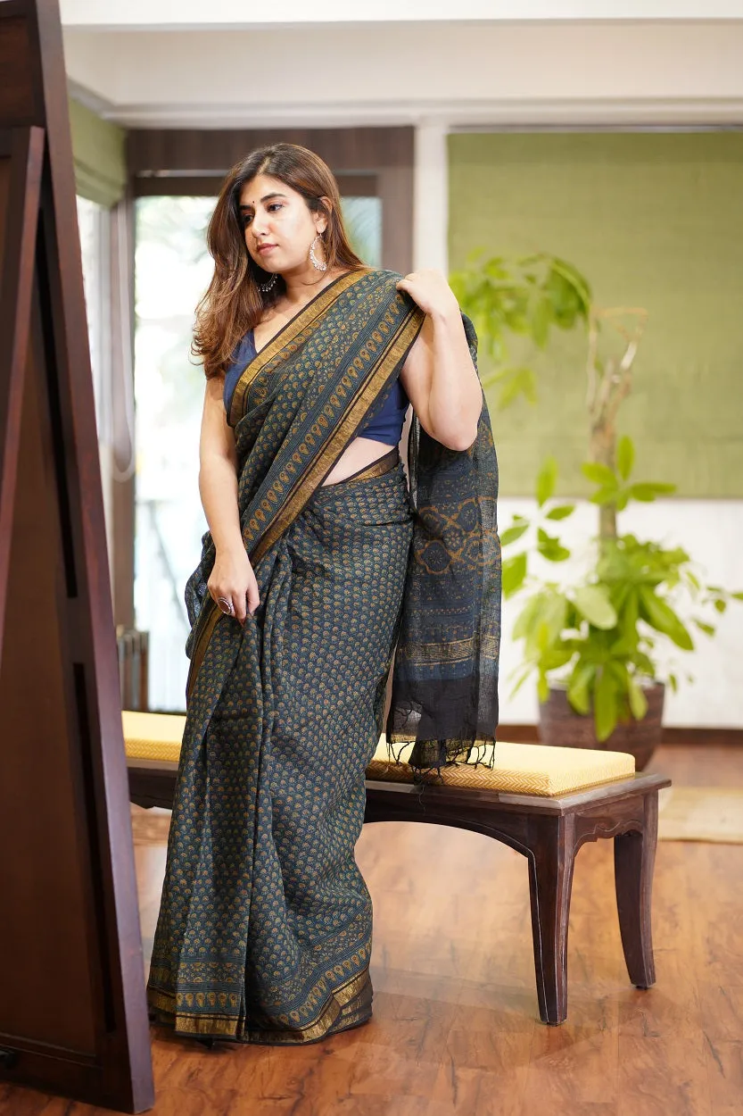 Ajrakh Hand Block Printed Linen Saree