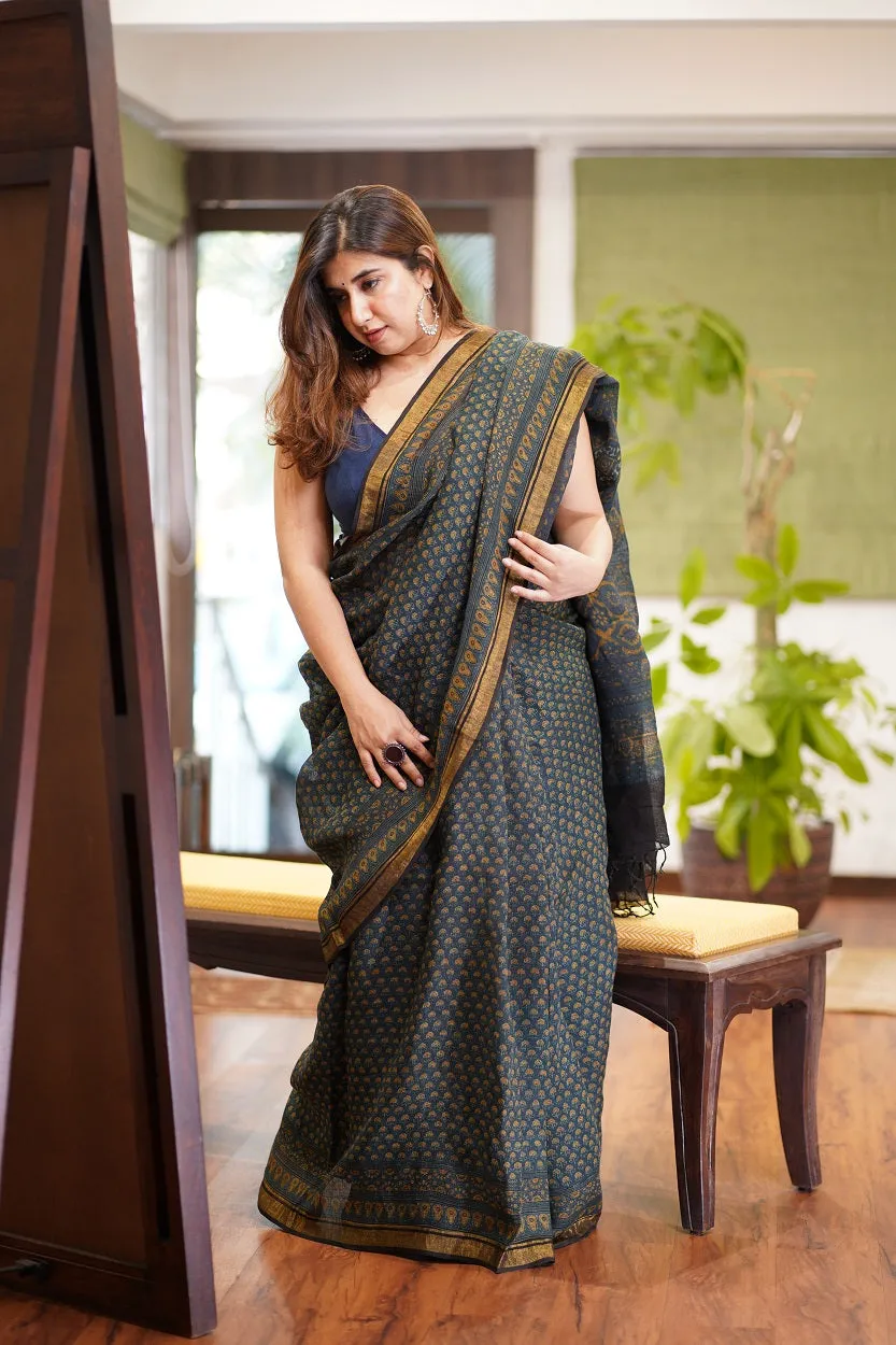 Ajrakh Hand Block Printed Linen Saree