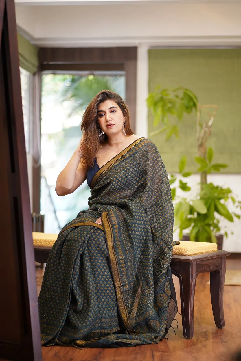 Ajrakh Hand Block Printed Linen Saree