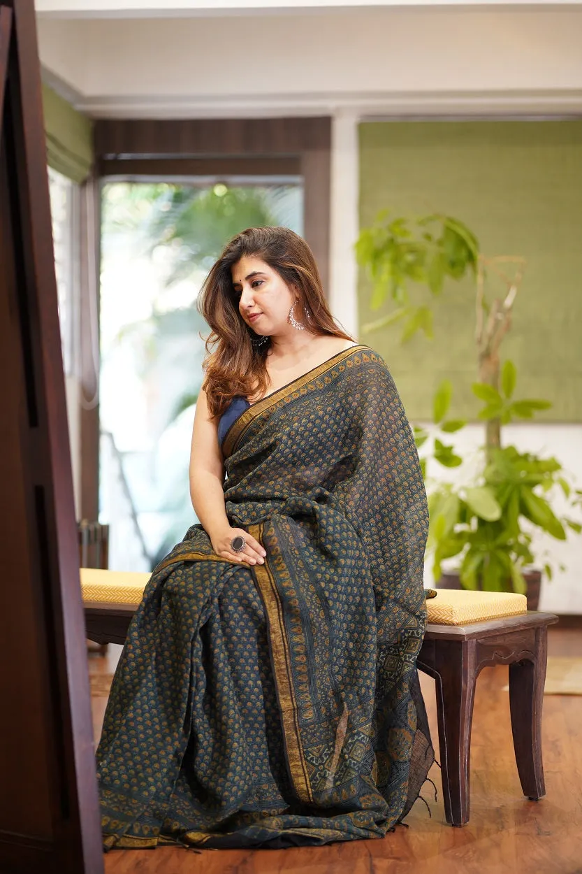 Ajrakh Hand Block Printed Linen Saree