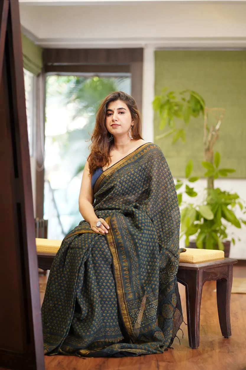 Ajrakh Hand Block Printed Linen Saree