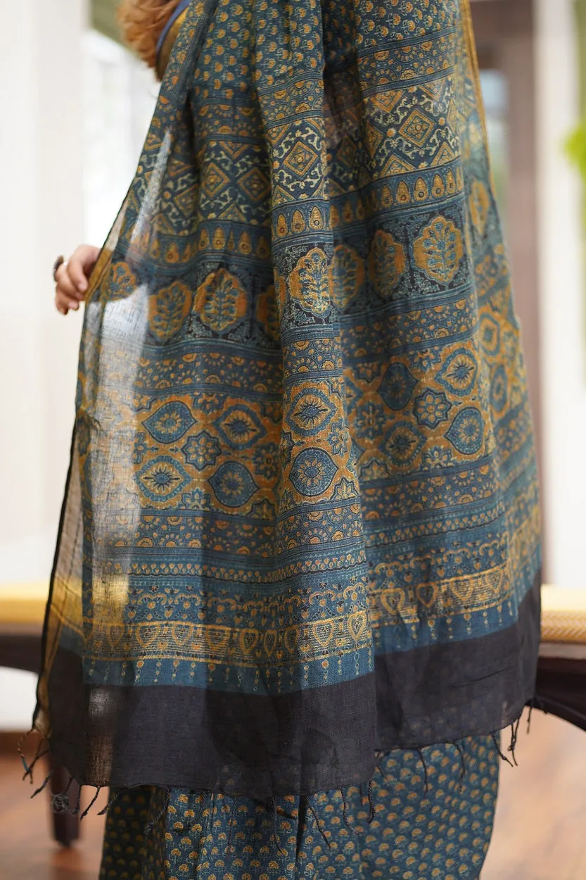 Ajrakh Hand Block Printed Linen Saree
