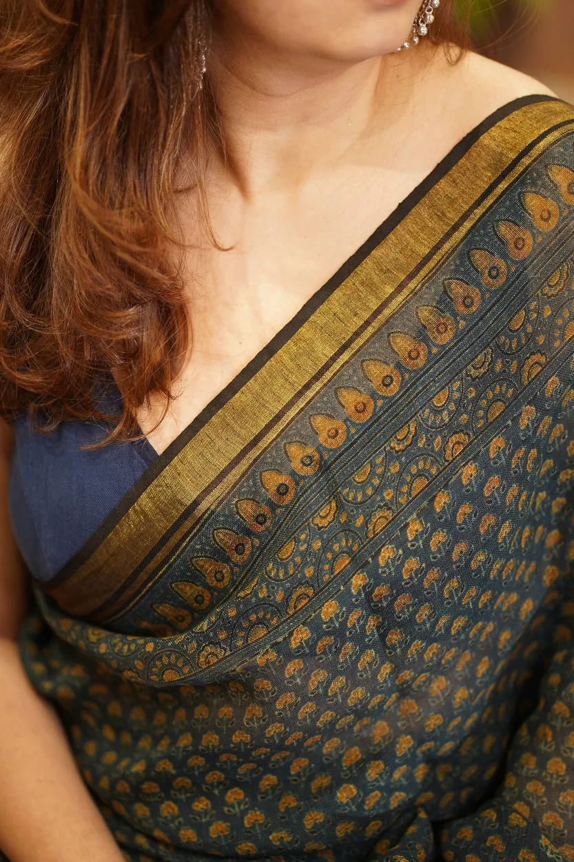 Ajrakh Hand Block Printed Linen Saree