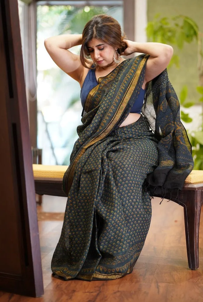 Ajrakh Hand Block Printed Linen Saree
